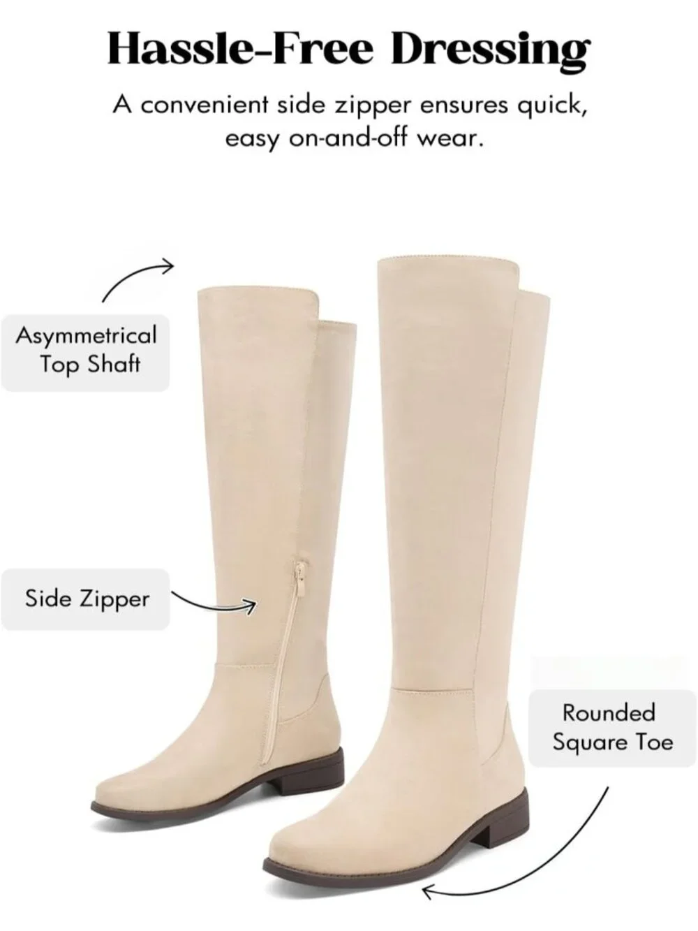 Women's Beige Suede Chunky Block Low Heel Round Toe Side Zipper Knee High Boots